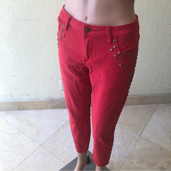 Forever 21 Women’s Size 30 Red Studded Capri Jeans Pants Stretchy Skinny Fit - Picture 5 of 16